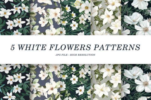 5 White Flowers Patterns and Structured Coloring: A Versatile Design Resource